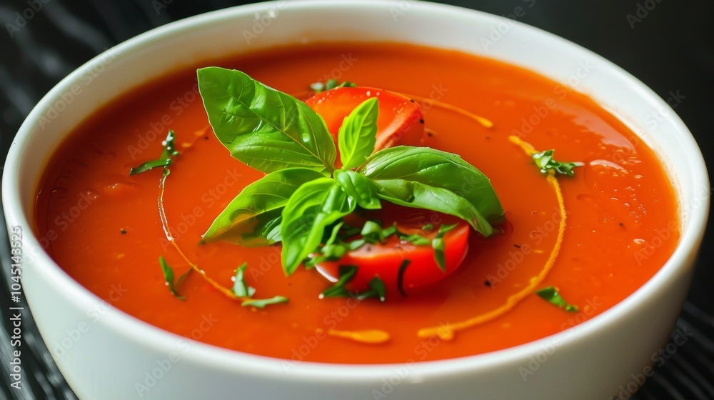 Fresh Tomato Basil Soup Bowl Closeup Red Soup with Herbs and Olive Oil Fresh Tomato Basil Soup Bowl Closeup Red Soup with Herbs and Olive Oil