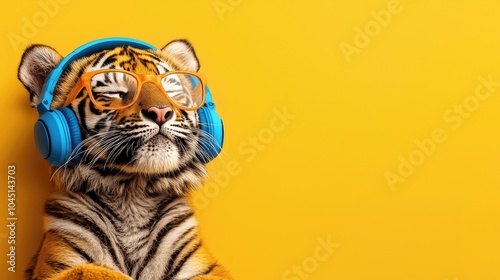 Cool tiger wearing headphones and glasses on a vibrant yellow background.