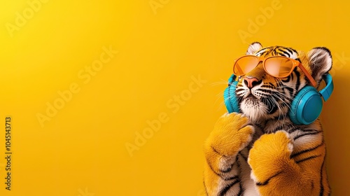 Cool tiger wearing sunglasses and headphones against a bright yellow background.
