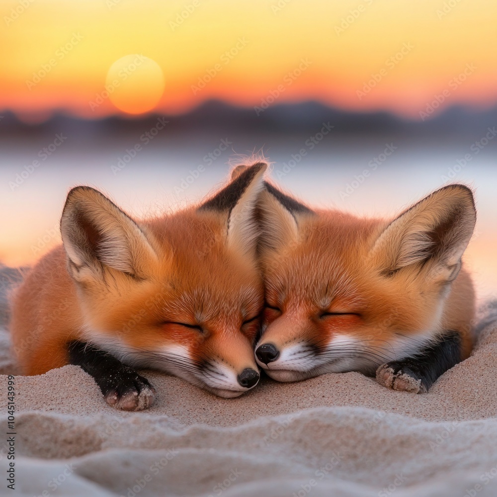 Fototapeta premium Cute Baby Red Foxes Cuddling on Nova Scotia Beach in June