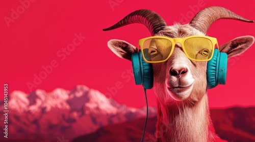 Goat wearing headphones and sunglasses, vibrant background.