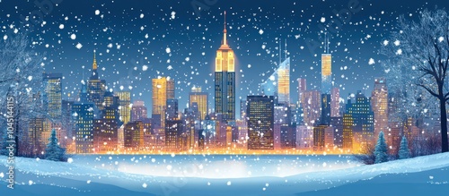 Snowy city skyline with falling snow, illuminated skyscrapers, and snow-covered ground. © Almahyra