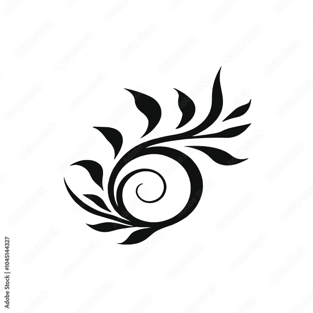Fototapeta premium A black floral or leaf-like decorative design with curving lines and swirls