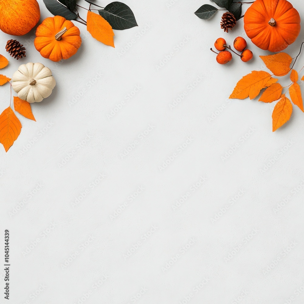 Obraz premium Autumn Harvest: Vibrant Orange Pumpkins and Leaves on Light Background