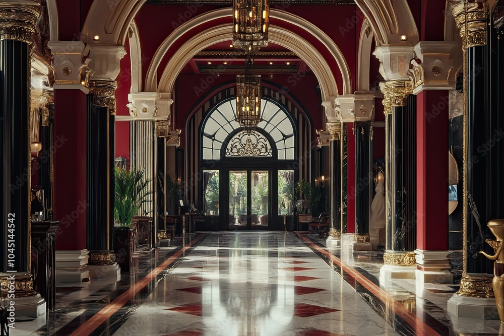 Obraz premium luxury dark red and ivory arch hotel entrance with large pillar and royal intricate carvings and elegant floor 