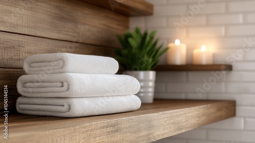 Cozy Bathroom with Wooden Accents and Soft Towels photo