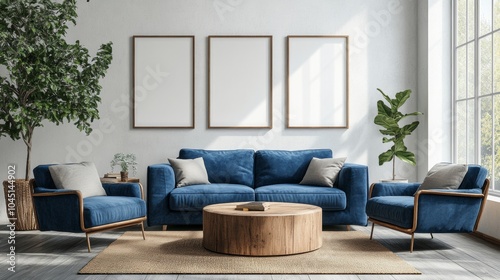 living room interior design with blue sofa and armchair near the window, Scandinavian home decoration concept.