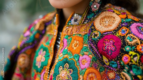 Colorful Floral Embroidery on Black Fabric Close up Texture