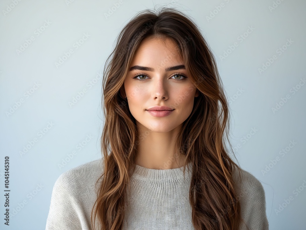 A woman with long brown hair wearing a white sweater A woman with long brown hair wearing a white sweater