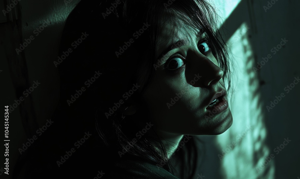 A young woman with dark hair looks frightened. A young woman with dark hair looks frightened.