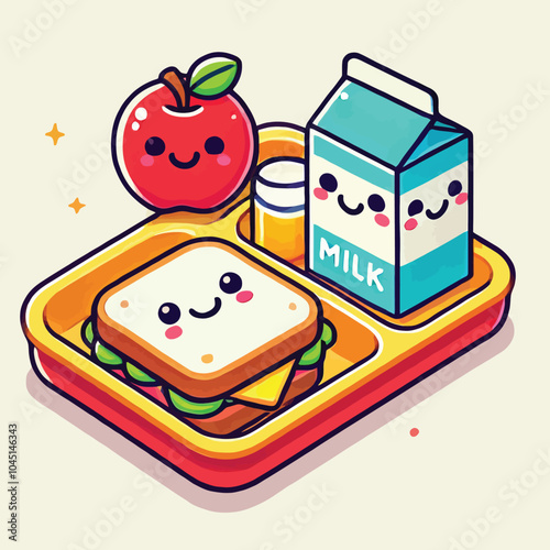 cartoon school lunch tray with sandwich, apple and milk