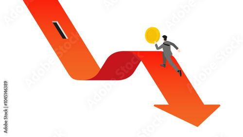 A businessman holding a coin and running on a slumped red arrow graph to money slot for average cost. Profit, strategy, wealth, and growth opportunities in the corporate and financial concept