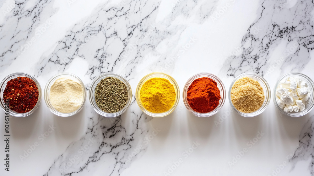 Light Kitchen Scene with Small Bowls of Colorful Spices Light Kitchen Scene with Small Bowls of Colorful Spices