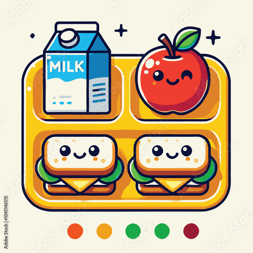 school lunch illustration with sandwich, apple and milk