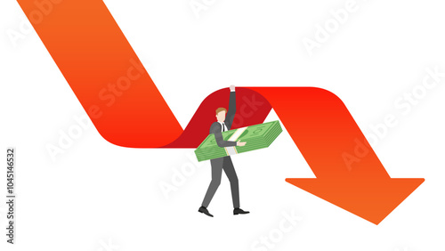 A businessman holding banknotes and hanging on a slumped red arrow graph for average cost. Profit, strategy, wealth, and growth opportunities in the corporate business and financial concept