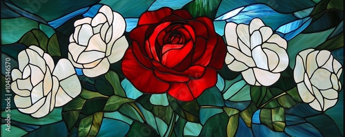 Stained glass showing red rose surrounded by white roses