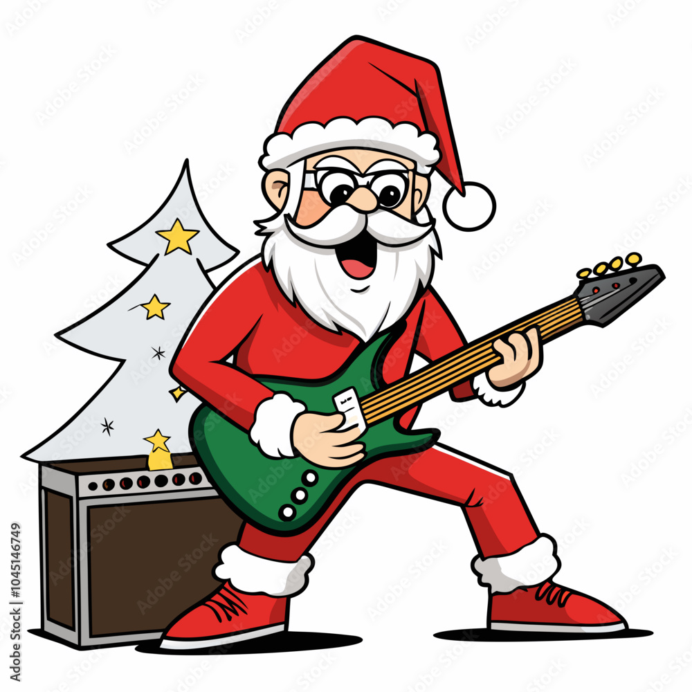 Obraz premium Rockin' Santa Claus Shredding the Electric Guitar at Christmas Concert on a white background