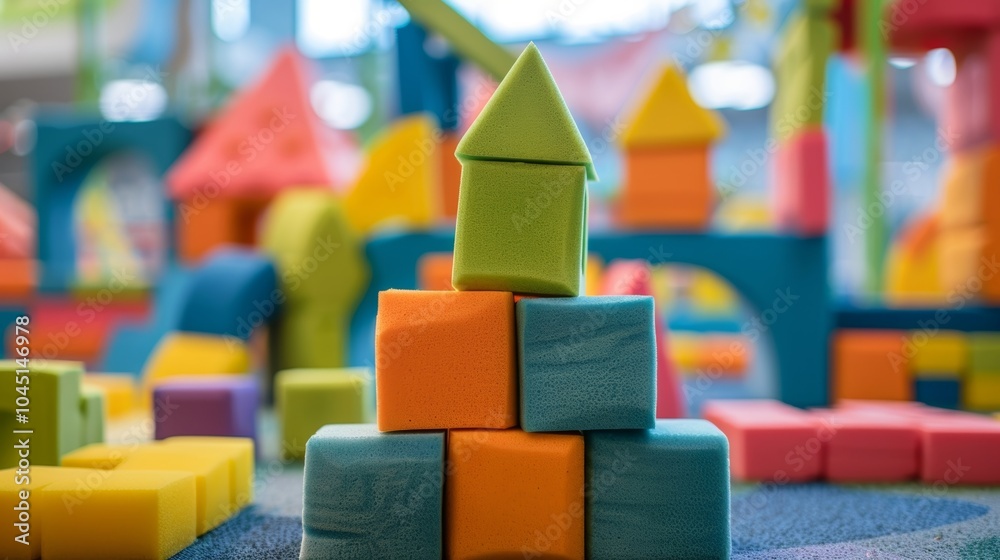 A play area with soft foam blocks and building materials encouraging children to use their imagination and build structures. A play area with soft foam blocks and building materials encouraging children to use their imagination and build structures.