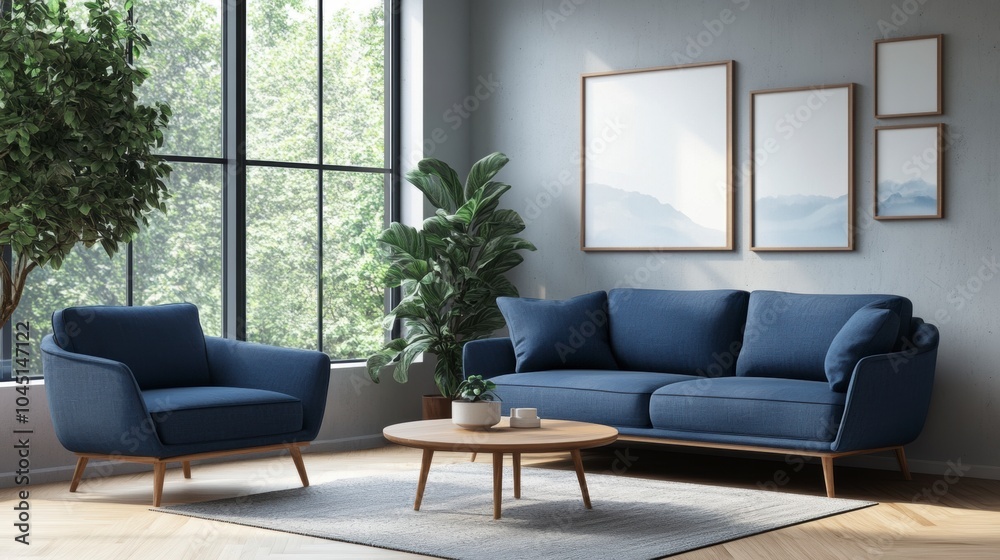 living room interior design with blue sofa and armchair near the window, Scandinavian home decoration concept. living room interior design with blue sofa and armchair near the window, Scandinavian home decoration concept.