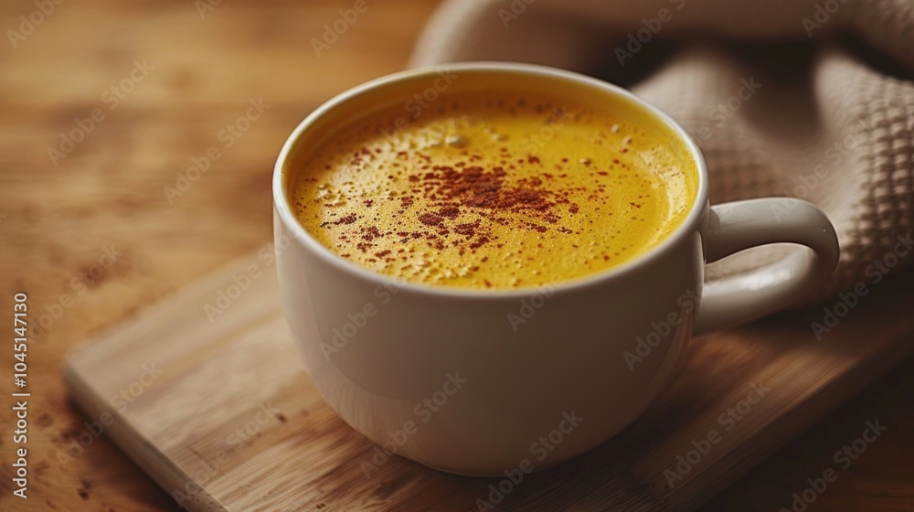 Golden Milk Latte with Cinnamon on Wooden Board Golden Milk Latte with Cinnamon on Wooden Board