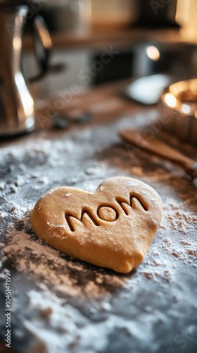 Heart shaped cookie dough with mom lettering for mother's day baking