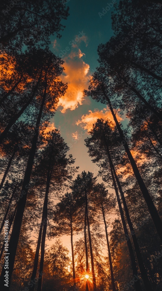 Sun shining through trees at golden hour in forest Sun shining through trees at golden hour in forest