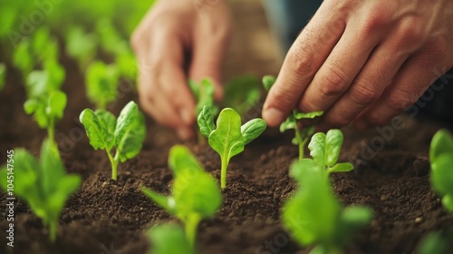 Farmer Planting Seedlings in Lush Vegetable Garden