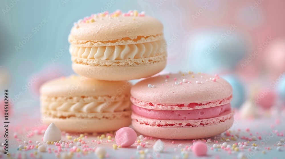 Delicious Macarons with Cream Filling and Sprinkles Pastel Colors French Bakery Treats Delicious Macarons with Cream Filling and Sprinkles Pastel Colors French Bakery Treats