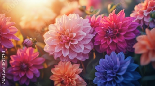 Beautiful dahlias blooming in a garden at sunset