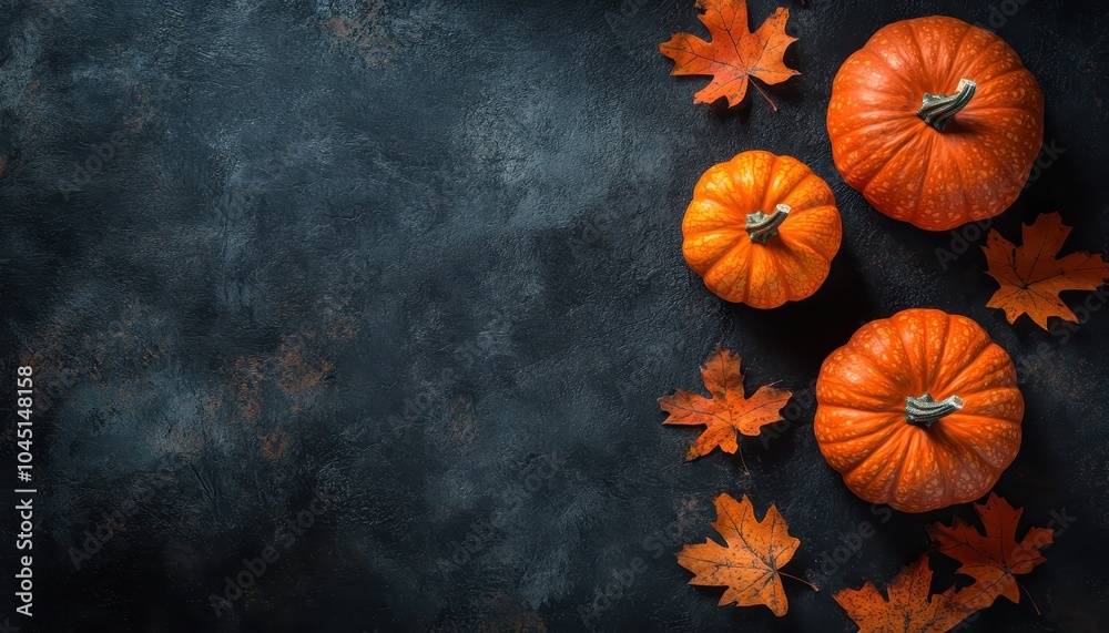 Three pumpkins surrounded by autumn leaves on a dark textured surface Three pumpkins surrounded by autumn leaves on a dark textured surface