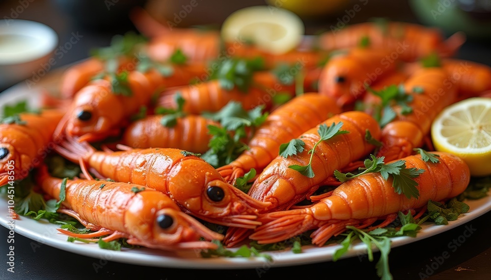 Delicious seafood feast with fresh herbs and lemon Delicious seafood feast with fresh herbs and lemon