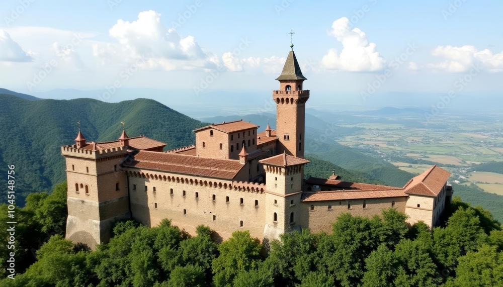 Elegant castle perched on a hill overlooking a serene landscape Elegant castle perched on a hill overlooking a serene landscape