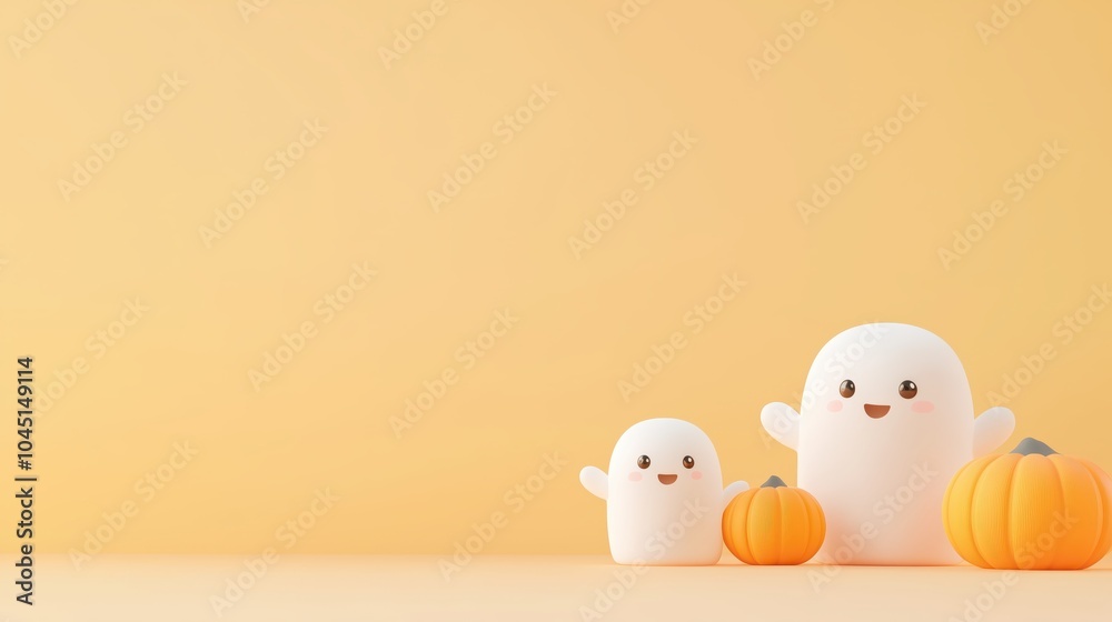 Two cute, smiling ghosts stand beside orange pumpkins against a bright yellow background, evoking a cheerful Halloween vibe. Two cute, smiling ghosts stand beside orange pumpkins against a bright yellow background, evoking a cheerful Halloween vibe.