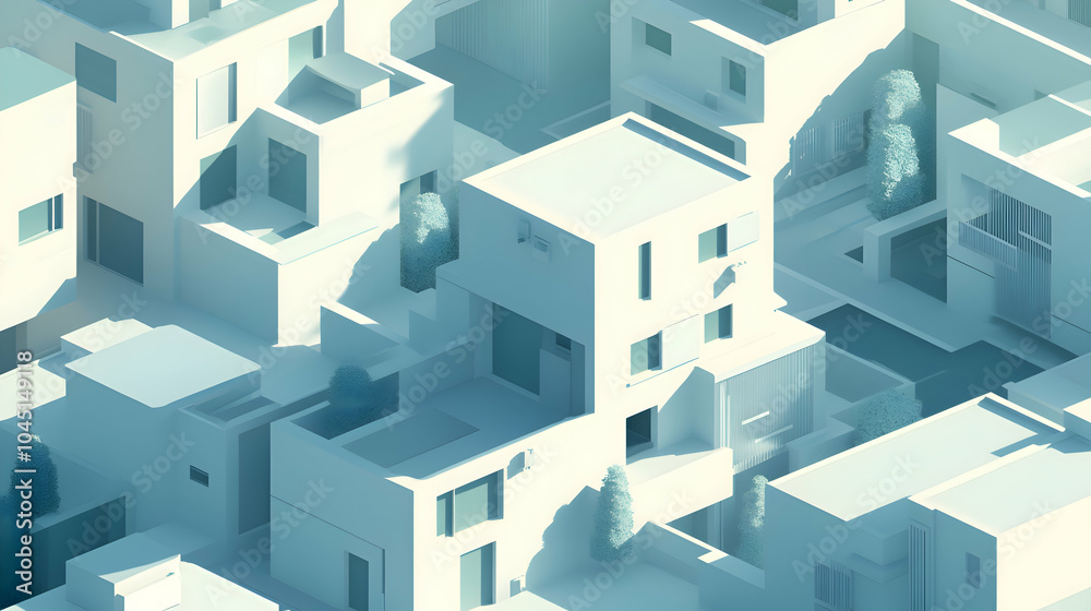 A cool-toned isometric illustration of a futuristic cityscape under a light blue sky, with simple geometric buildings casting long shadows A cool-toned isometric illustration of a futuristic cityscape under a light blue sky, with simple geometric buildings casting long shadows