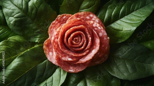 Fototapeta Naklejka Na Ścianę i Meble -  Salami forming a rose flower lying on green leaves