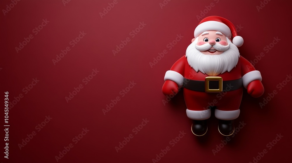 A red background with a cartoonish Santa Claus standing in front of it