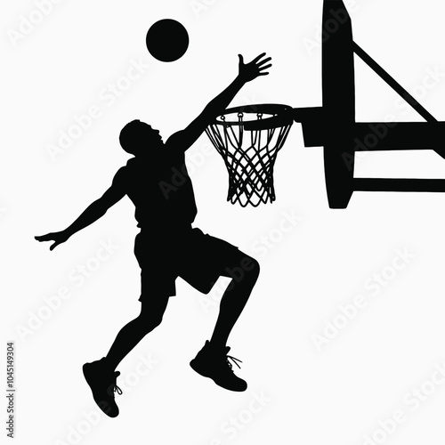 a black silhouette of a basketball player in mid-air, dunking the ball into the hoop. The player is in a crouched position