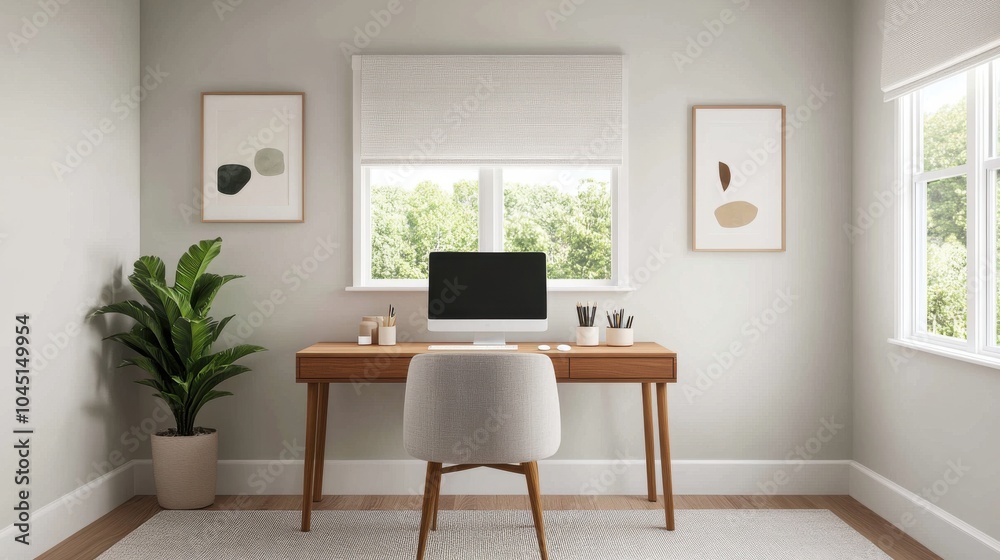 Fototapeta premium Modern Home Office with Simple Desk and Personal Touches