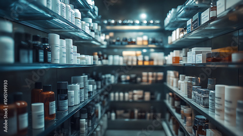 A well organized pharmacy shelf displays variety of cosmeceuticals, showcasing an array of skincare products in sleek packaging. atmosphere feels modern and inviting, perfect for beauty enthusiasts