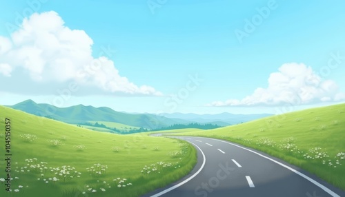  Scenic country road with rolling hills and fluffy clouds
