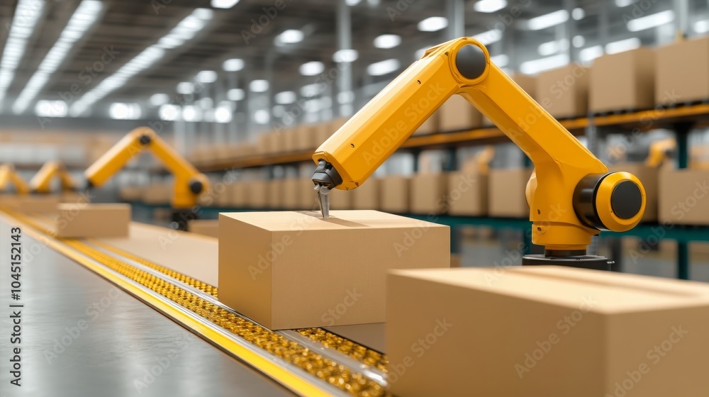 Industrial Robot Arm Automation Packaging Boxes Conveyor Belt Industrial Robot Arm Automation Packaging Boxes Conveyor Belt