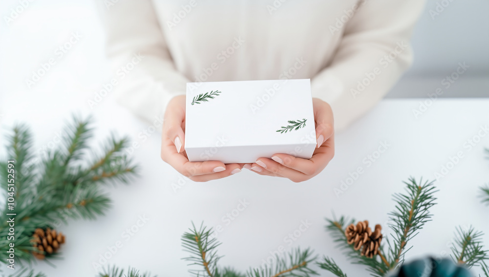 Woman hands present white gift box with decorative pine branches for holiday and Christmas theme. Natural and festive gift concept. For greeting card, invitation and seasonal advertisement Woman hands present white gift box with decorative pine branches for holiday and Christmas theme. Natural and festive gift concept. For greeting card, invitation and seasonal advertisement