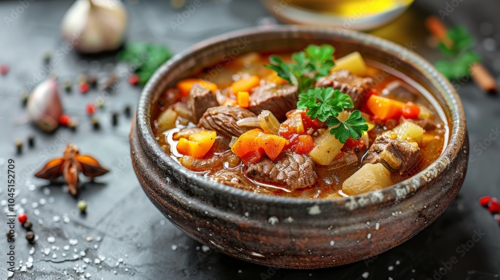 Beef Stew with Vegetables in Rustic Bowl on Dark Background Beef Stew with Vegetables in Rustic Bowl on Dark Background