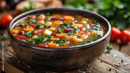 Delicious Vegetable Soup in Bowl with Fresh Herbs