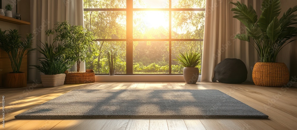 Fototapeta premium A bright living room with a large window, hardwood floors, a rug, and potted plants. The sun is shining through the window, casting shadows on the rug.