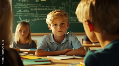 The Thoughtful Boy in Classroom photo