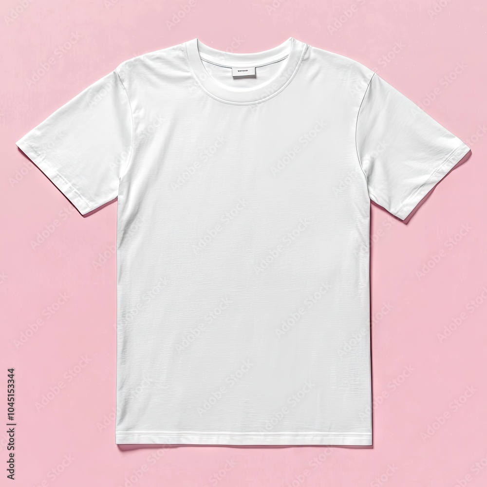A minimalistic plain white T-shirt is centered against a solid background, highlighting its simple design, suitable for fashion, retail, and apparel presentations. A minimalistic plain white T-shirt is centered against a solid background, highlighting its simple design, suitable for fashion, retail, and apparel presentations.