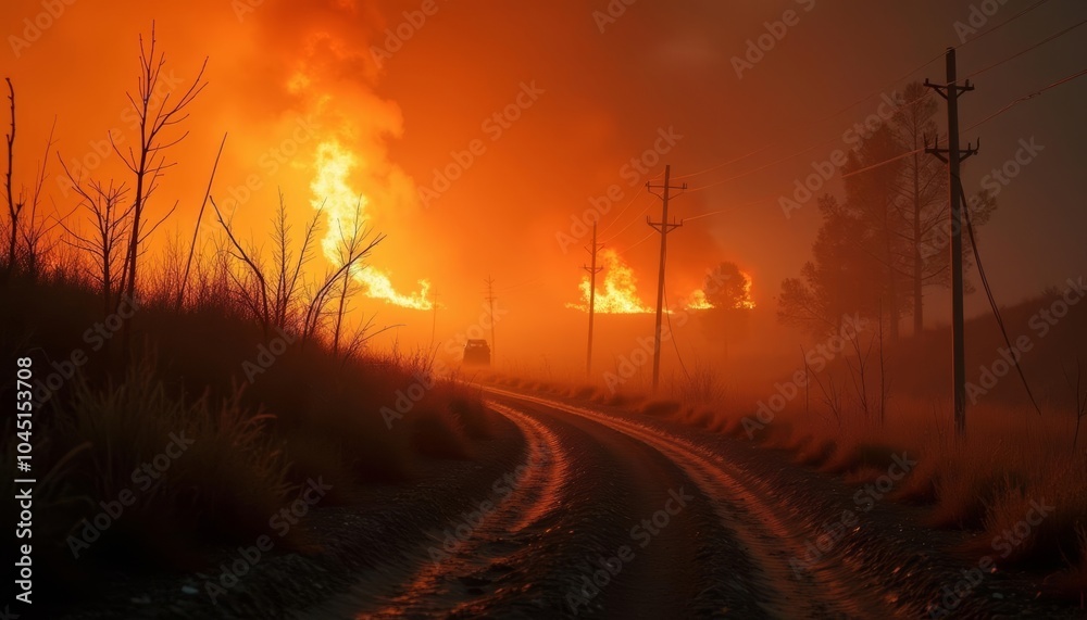 Emergency response on a road engulfed by wildfire Emergency response on a road engulfed by wildfire