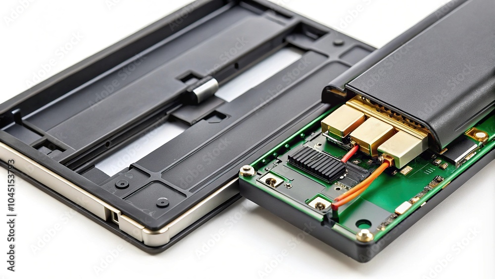 Extreme Close-Up of disassembled notebook battery pack showing lithium cell and charger module
