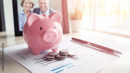 Colorful ceramic piggy bank with coins spilling out on a polished wooden desk, surrounded by pension documents and a sleek pen. Retirement savings, family happiness, financial planning, investing photo